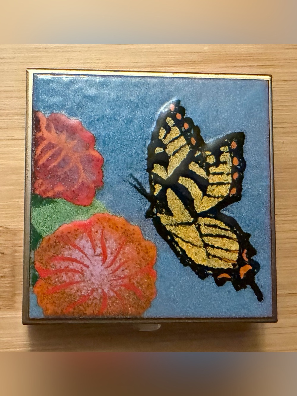 Vintage Cloisonné Style Enameled Butterfly Pill Box Compact Mirror